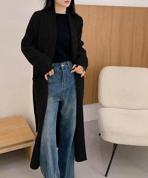 セール】ロング ニットカーディガン リボンベルト付き（カーディガン