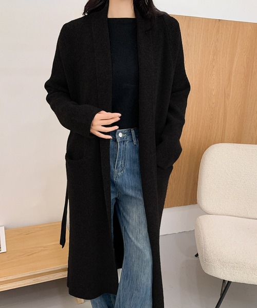 セール】ロング ニットカーディガン リボンベルト付き（カーディガン