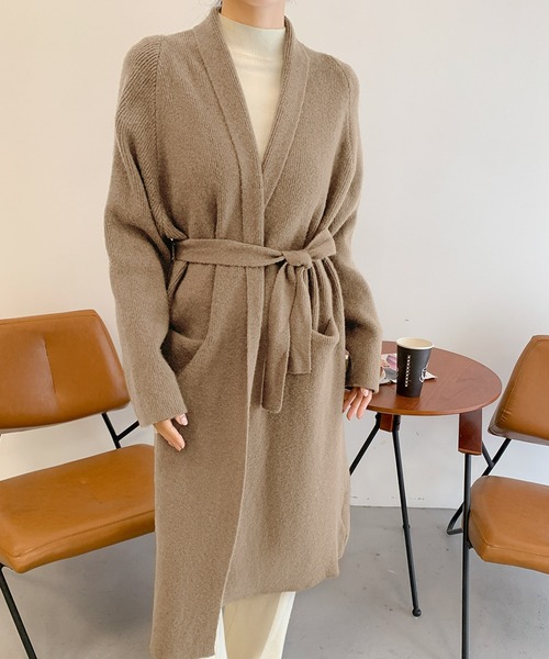 セール】ロング ニットカーディガン リボンベルト付き（カーディガン