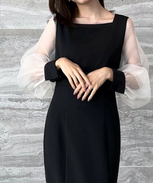 cammie（キャミー）の「シアースリーブ切替マーメイドラインワンピース（ドレス・レディース・ブラック/ブラック×ホワイト/アイボリー・L/M）」の11枚目の写真