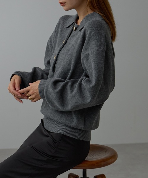 r.（アールドット）の「金ボタンニット　ポロシャツ（ニット/セーター・レディース・ブラック/アイボリー/ブラウン/グレー/ライトベージュ・FREE）」の10枚目の写真