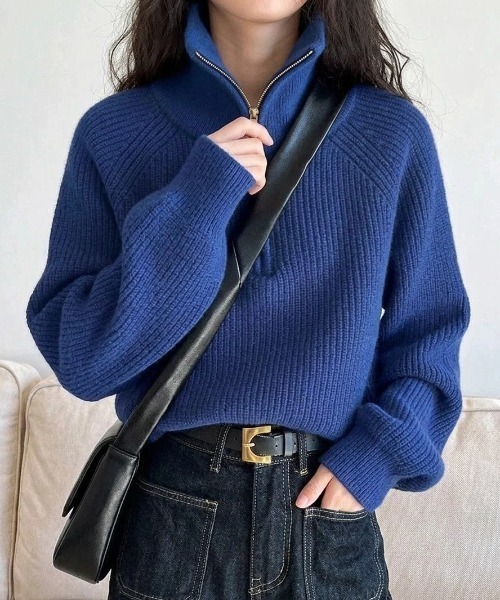 yuue' ( wear )(ユーイ)の「ハーフジップショートニットトップス(ニット/セーター・レディース・レッド/グレー/アイボリー/ブラック/ブラウン/ブルー・FREE)」の5枚目の写真
