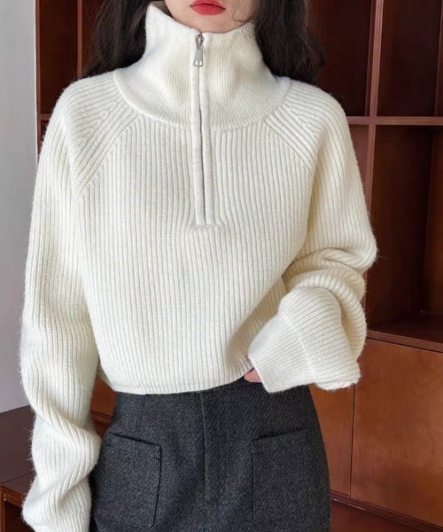 yuue' ( wear )（ユーイ）の「ハーフジップショートニットトップス（ニット/セーター・レディース・レッド/グレー/アイボリー/ブラック・FREE）」の8枚目の写真