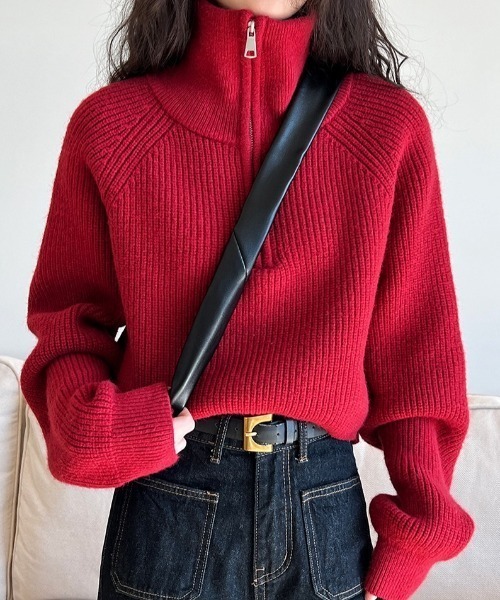 yuue' ( wear )(ユーイ)の「ハーフジップショートニットトップス(ニット/セーター・レディース・レッド/グレー/アイボリー/ブラック/ブラウン/ブルー・FREE)」の21枚目の写真