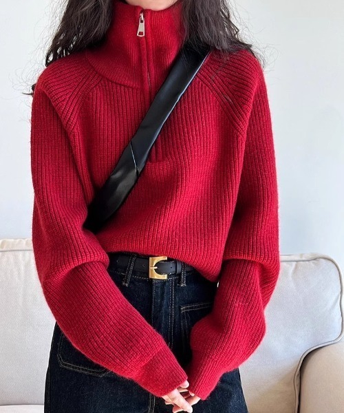 yuue' ( wear )（ユーイ）の「ハーフジップショートニットトップス（ニット/セーター・レディース・レッド/グレー/アイボリー/ブラック・FREE）」の15枚目の写真