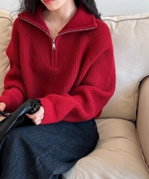 yuue' ( wear )（ユーイ）の「ハーフジップショートニットトップス（ニット/セーター・レディース・レッド/グレー/アイボリー/ブラック・FREE）」の17枚目の写真