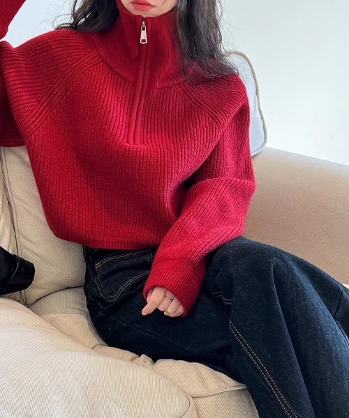 yuue' ( wear )（ユーイ）の「ハーフジップショートニットトップス（ニット/セーター・レディース・レッド/グレー/アイボリー/ブラック・FREE）」の18枚目の写真