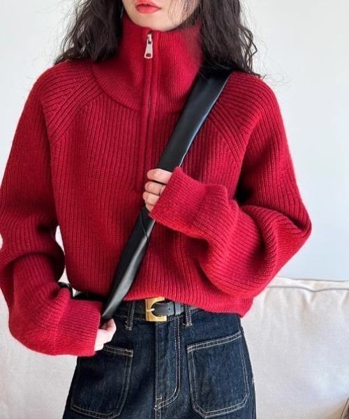 yuue' ( wear )（ユーイ）の「ハーフジップショートニットトップス（ニット/セーター・レディース・レッド/グレー/アイボリー/ブラック・FREE）」の14枚目の写真