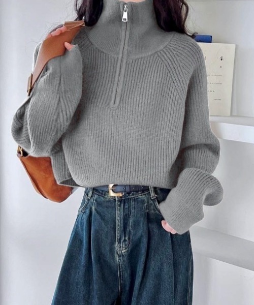 yuue' ( wear )（ユーイ）の「ハーフジップショートニットトップス（ニット/セーター・レディース・レッド/グレー/アイボリー/ブラック・FREE）」の20枚目の写真