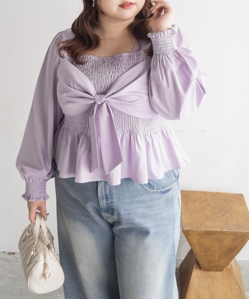 CLETTE(クレット)の「CLETTEオリジナルリボンデザイン長袖シャーリングブラウス(シャツ/ブラウス・レディース・ラベンダー/パープル/ネイビー・LL/3L/4L)」の1枚目の写真