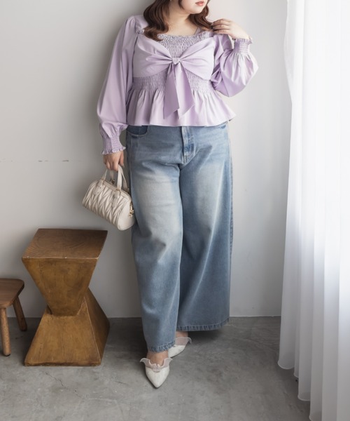 CLETTE(クレット)の「CLETTEオリジナルリボンデザイン長袖シャーリングブラウス(シャツ/ブラウス・レディース・ラベンダー/パープル/ネイビー・LL/3L/4L)」の11枚目の写真