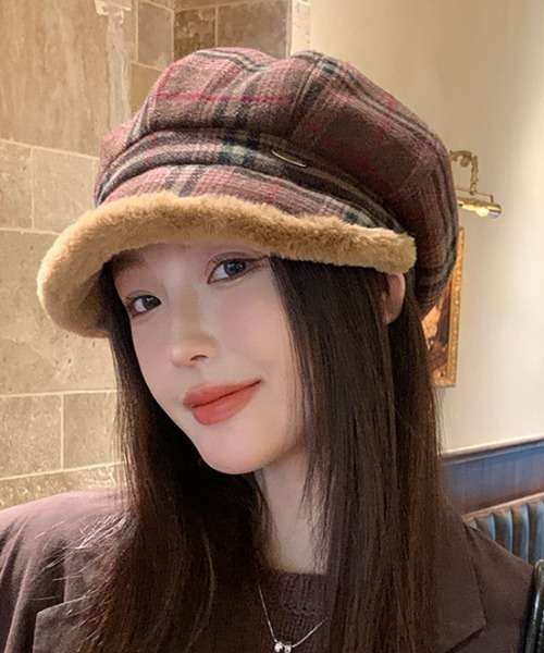 チェック柄もこもこキャスケット（キャスケット）｜mebole（メボレ）の