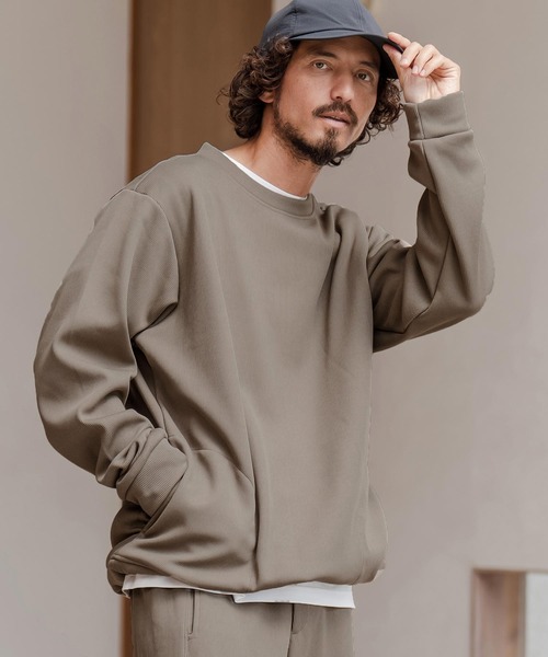 CAMBIO（カンビオ）の「msw1798-ドビー裏起毛ボンディングプルオーバースウェット（スウェット・メンズ・グレイッシュベージュ/ブラック/ホワイト・M/L/XL）」の3枚目の写真