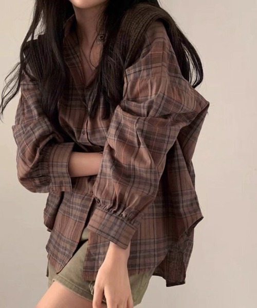 lulufa(ルルファ)の「ビッグ オーバーサイズ チェックシャツ/ルーズシルエット(シャツ/ブラウス・レディース・ブラウン/ベージュ/レッド/ブルー・LARGE/MEDIUM)」の1枚目の写真
