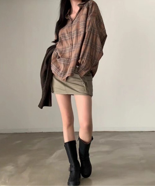 lulufa(ルルファ)の「ビッグ オーバーサイズ チェックシャツ/ルーズシルエット(シャツ/ブラウス・レディース・ブラウン/ベージュ/レッド/ブルー・LARGE/MEDIUM)」の16枚目の写真