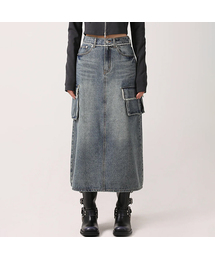 Harper Tassel Pocket Denim Long Skirt BLUE
