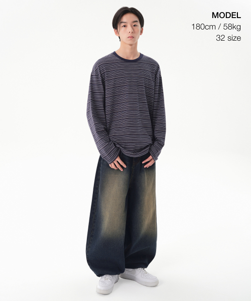 MUSINSA STANDARD（ムシンサスタンダード）の「ビッグブラシラージバルーンデニムパンツ[イエローダークブルー]（デニムパンツ・メンズ・その他・40/38/42/36/34/32/30/31/33/26/27/28/29）」の2枚目の写真