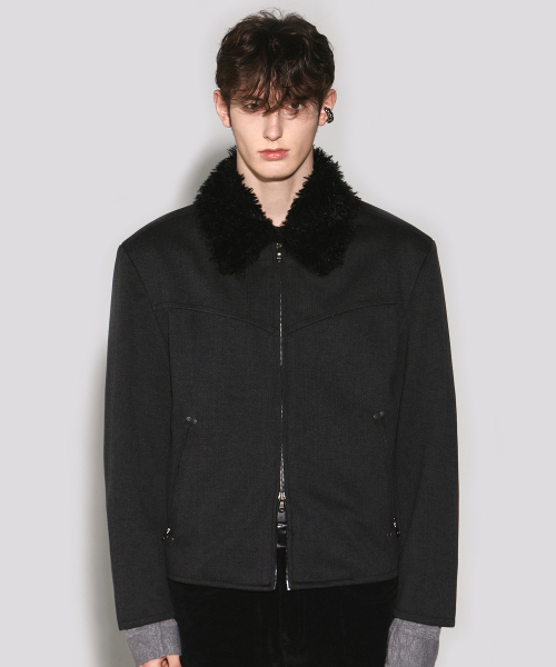 Dust line fur collar herringbone jacket black