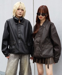 ATMARK（アットマーク）の「《2サイズ展開　/　UNISEX　》ATMARK十字架ロゴウォッシュPUレザージャケット（ブルゾン）」