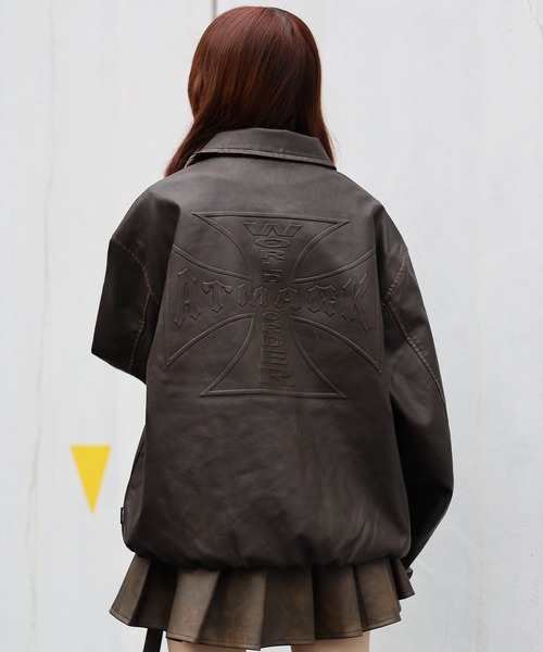 ATMARK(アットマーク)の「《2サイズ展開 / UNISEX 》ATMARK十字架ロゴウォッシュPUレザージャケット(ブルゾン・レディース・ブラック/ブラウン・M/L)」の12枚目の写真