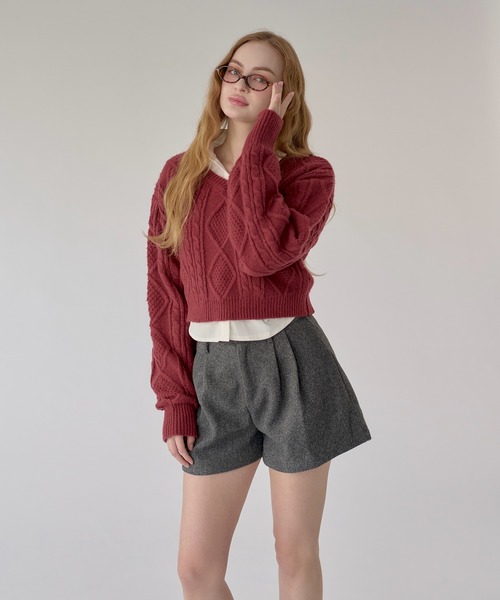 hazyl(ヘイジル)の「V-neck cable knit / Vネックケーブルニット(ニット/セーター・レディース・ボルドー/アイボリー・フリー)」の15枚目の写真