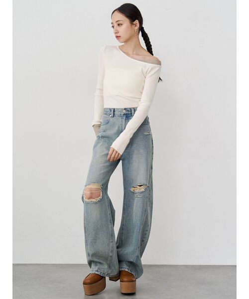 MURUA(ムルーア)の「レイヤードワンショルニット(ニット/セーター・レディース・アイボリー/グレー/ブラック/ブラウン・FREE)」の5枚目の写真