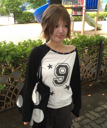 Nine Star Studded One-Shoulder Two-Color Long Sleeve White