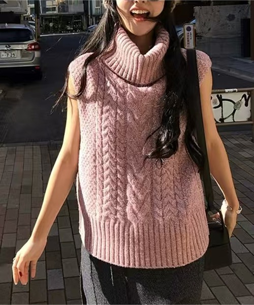 AsheKsha(アシクシャ)の「【新作】ハイネックレトロ風レイヤードニットベスト(ベスト・レディース・ピンク/ダークグレー・M)」の9枚目の写真