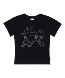 モザイクバタフライプリントスリムフィット半袖Tシャツブラック