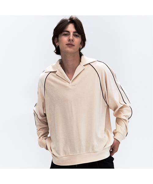 セール】メンズ ベロア パイピングカラー Tシャツ クリーム