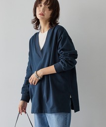 Vネックサイドスリットロングスウェットプルオーバー