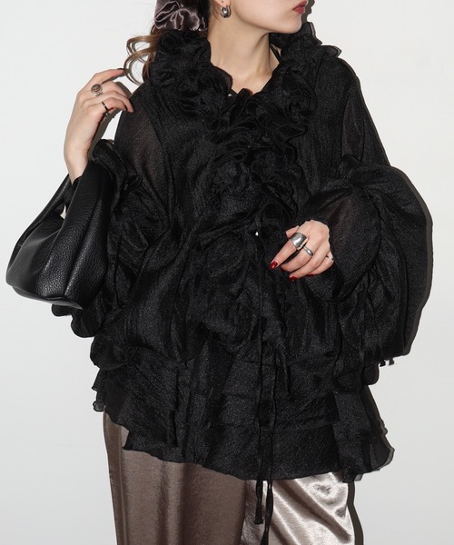 フリル付きブラックチュニック セール】フリルフラワーシフォンエアリーチュニック（チュニック