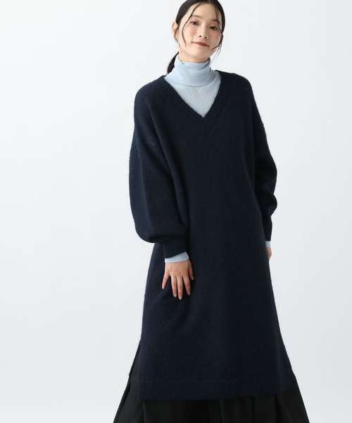 studio CLIP（スタディオクリップ）の「《natural by clip》3ゲージアルパカタッチVネックワンピース（ワンピース・レディース・ネイビー/グレー・FREE）」の2枚目の写真