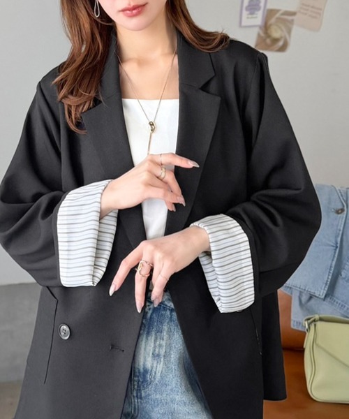 mily bilet（ミウィビレット）の「【mily bilet】折ってもかわいい♪春まで着れちゃう万能アイテム。裏地付きダブルボタンテーラードジャケット（テーラードジャケット・レディース・チェック/チャコール/ブラック・MEDIUM/LARGE/X-LARGE/SMALL）」の2枚目の写真