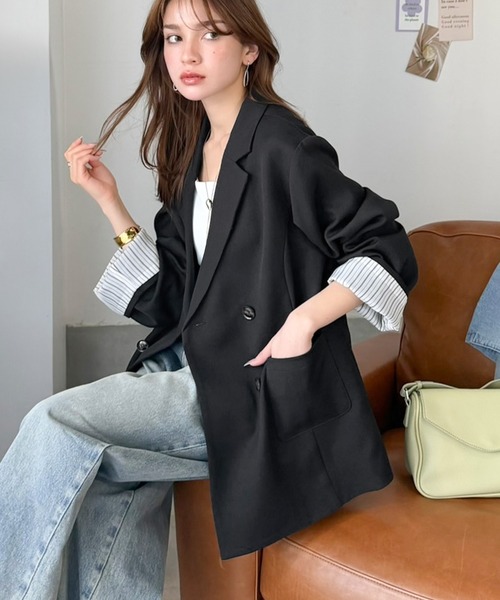 mily bilet（ミウィビレット）の「【mily bilet】折ってもかわいい♪春まで着れちゃう万能アイテム。裏地付きダブルボタンテーラードジャケット（テーラードジャケット・レディース・チェック/チャコール/ブラック・MEDIUM/LARGE/X-LARGE/SMALL）」の4枚目の写真