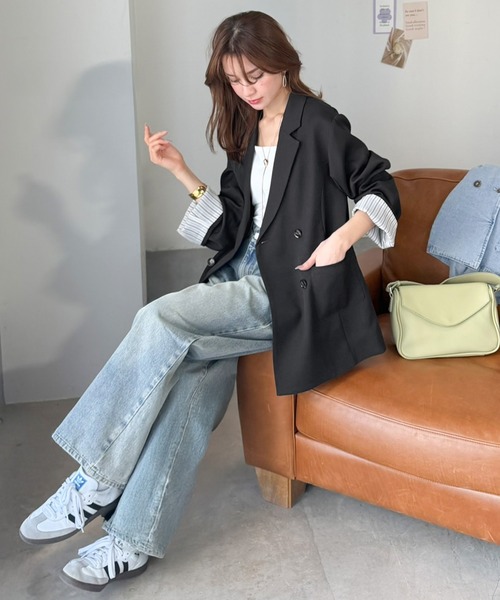 mily bilet（ミウィビレット）の「【mily bilet】折ってもかわいい♪春まで着れちゃう万能アイテム。裏地付きダブルボタンテーラードジャケット（テーラードジャケット・レディース・チェック/チャコール/ブラック・MEDIUM/LARGE/X-LARGE/SMALL）」の7枚目の写真