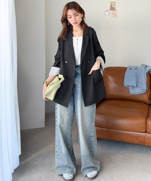 mily bilet（ミウィビレット）の「【mily bilet】折ってもかわいい♪春まで着れちゃう万能アイテム。裏地付きダブルボタンテーラードジャケット（テーラードジャケット・レディース・チェック/チャコール/ブラック・MEDIUM/LARGE/X-LARGE/SMALL）」の8枚目の写真