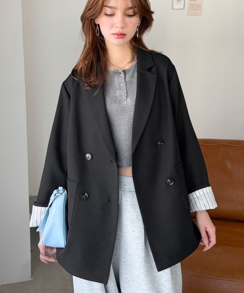 mily bilet（ミウィビレット）の「【mily bilet】折ってもかわいい♪春まで着れちゃう万能アイテム。裏地付きダブルボタンテーラードジャケット（テーラードジャケット・レディース・チェック/チャコール/ブラック・MEDIUM/LARGE/X-LARGE/SMALL）」の9枚目の写真