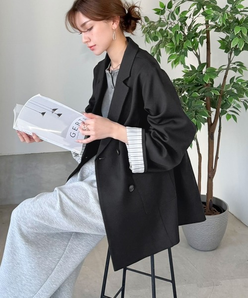 mily bilet（ミウィビレット）の「【mily bilet】折ってもかわいい♪春まで着れちゃう万能アイテム。裏地付きダブルボタンテーラードジャケット（テーラードジャケット・レディース・チェック/チャコール/ブラック・MEDIUM/LARGE/X-LARGE/SMALL）」の5枚目の写真