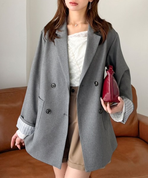 mily bilet（ミウィビレット）の「【mily bilet】折ってもかわいい♪春まで着れちゃう万能アイテム。裏地付きダブルボタンテーラードジャケット（テーラードジャケット・レディース・チェック/チャコール/ブラック・MEDIUM/LARGE/X-LARGE/SMALL）」の12枚目の写真