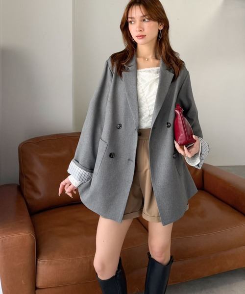 mily bilet（ミウィビレット）の「【mily bilet】折ってもかわいい♪春まで着れちゃう万能アイテム。裏地付きダブルボタンテーラードジャケット（テーラードジャケット・レディース・チェック/チャコール/ブラック・MEDIUM/LARGE/X-LARGE/SMALL）」の13枚目の写真