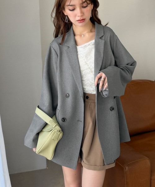 mily bilet（ミウィビレット）の「【mily bilet】折ってもかわいい♪春まで着れちゃう万能アイテム。裏地付きダブルボタンテーラードジャケット（テーラードジャケット・レディース・チェック/チャコール/ブラック・MEDIUM/LARGE/X-LARGE/SMALL）」の16枚目の写真