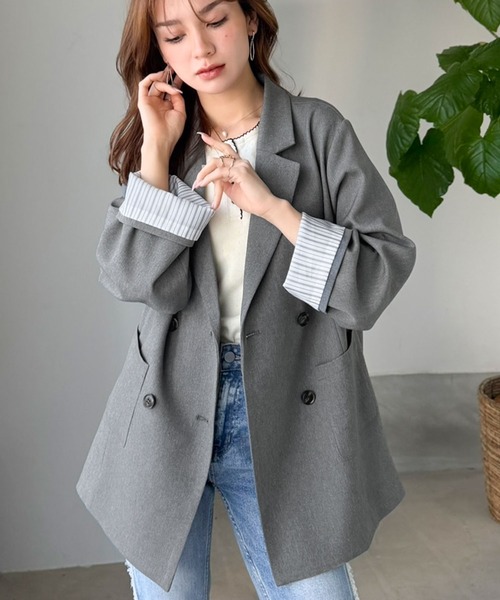 mily bilet（ミウィビレット）の「【mily bilet】折ってもかわいい♪春まで着れちゃう万能アイテム。裏地付きダブルボタンテーラードジャケット（テーラードジャケット・レディース・チェック/チャコール/ブラック・MEDIUM/LARGE/X-LARGE/SMALL）」の17枚目の写真