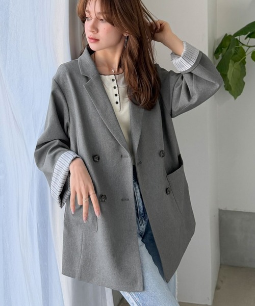 mily bilet（ミウィビレット）の「【mily bilet】折ってもかわいい♪春まで着れちゃう万能アイテム。裏地付きダブルボタンテーラードジャケット（テーラードジャケット・レディース・チェック/チャコール/ブラック・MEDIUM/LARGE/X-LARGE/SMALL）」の19枚目の写真