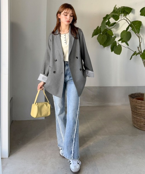 mily bilet（ミウィビレット）の「【mily bilet】折ってもかわいい♪春まで着れちゃう万能アイテム。裏地付きダブルボタンテーラードジャケット（テーラードジャケット・レディース・チェック/チャコール/ブラック・MEDIUM/LARGE/X-LARGE/SMALL）」の18枚目の写真