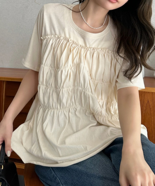 Eclat one(エクラワン)の「【Eclat one】フロント シャーリング フレア プルオーバー(Tシャツ/カットソー・レディース・チャコール/アイボリー/ブラック・FREE)」の1枚目の写真