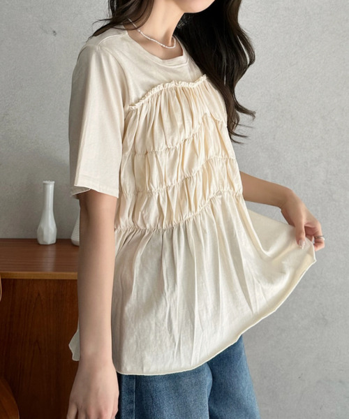 Eclat one(エクラワン)の「【Eclat one】フロント シャーリング フレア プルオーバー(Tシャツ/カットソー・レディース・チャコール/アイボリー/ブラック・FREE)」の16枚目の写真