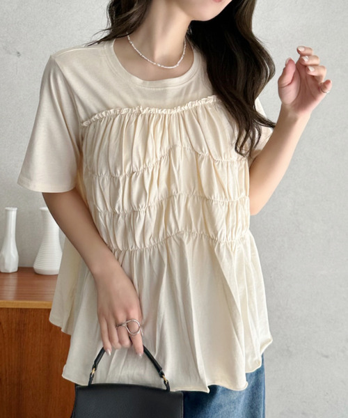Eclat one(エクラワン)の「【Eclat one】フロント シャーリング フレア プルオーバー(Tシャツ/カットソー・レディース・チャコール/アイボリー/ブラック・FREE)」の14枚目の写真