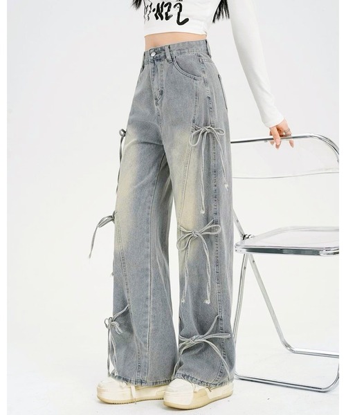 inst.ALL(インストール)の「サイド3リボンデニムパンツ(デニムパンツ・レディース・サックスブルー・S/M/L)」の2枚目の写真