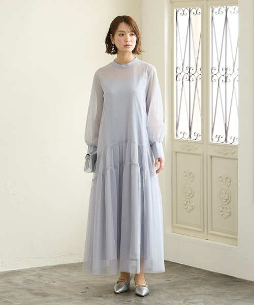 AIMER(エメ)の「ラメチュール×無地チュールプチハイネックスリーブパーティードレス 結婚式 お呼ばれ ドレス 20代 30代 40代(ドレス・レディース・ライトグレー/ブラウン/ブラック・MEDIUM)」の5枚目の写真